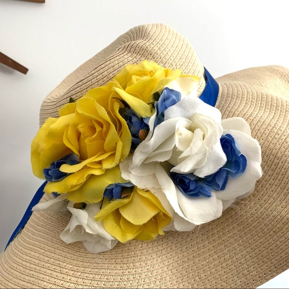 Retro PinUp Floppy Beach Hat, Blue Yellow Flowers - Picture 10 of 10